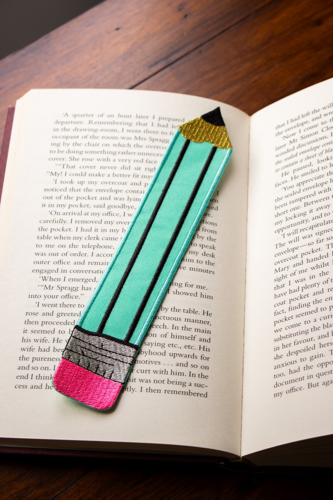 Embroidered Bookmark - Aqua Pencil