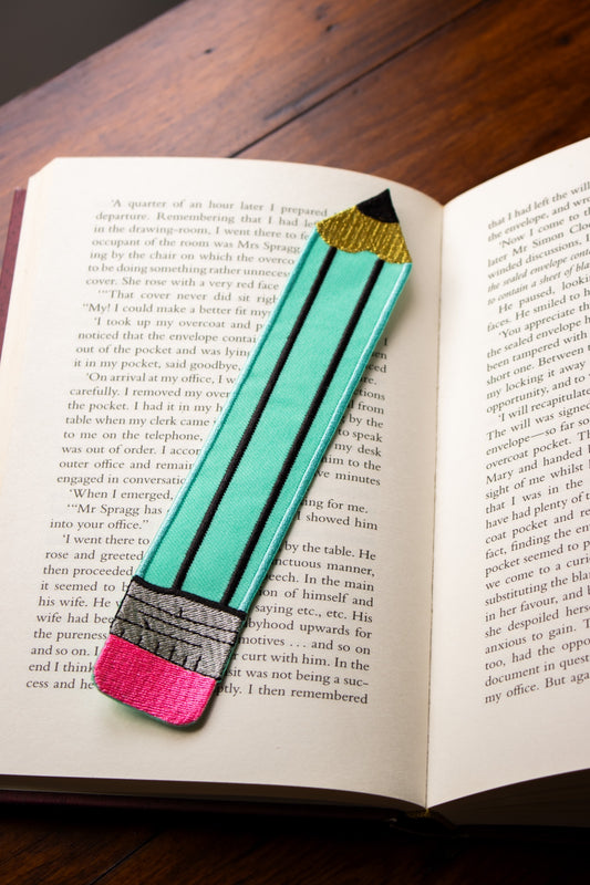 Embroidered Bookmark - Aqua Pencil