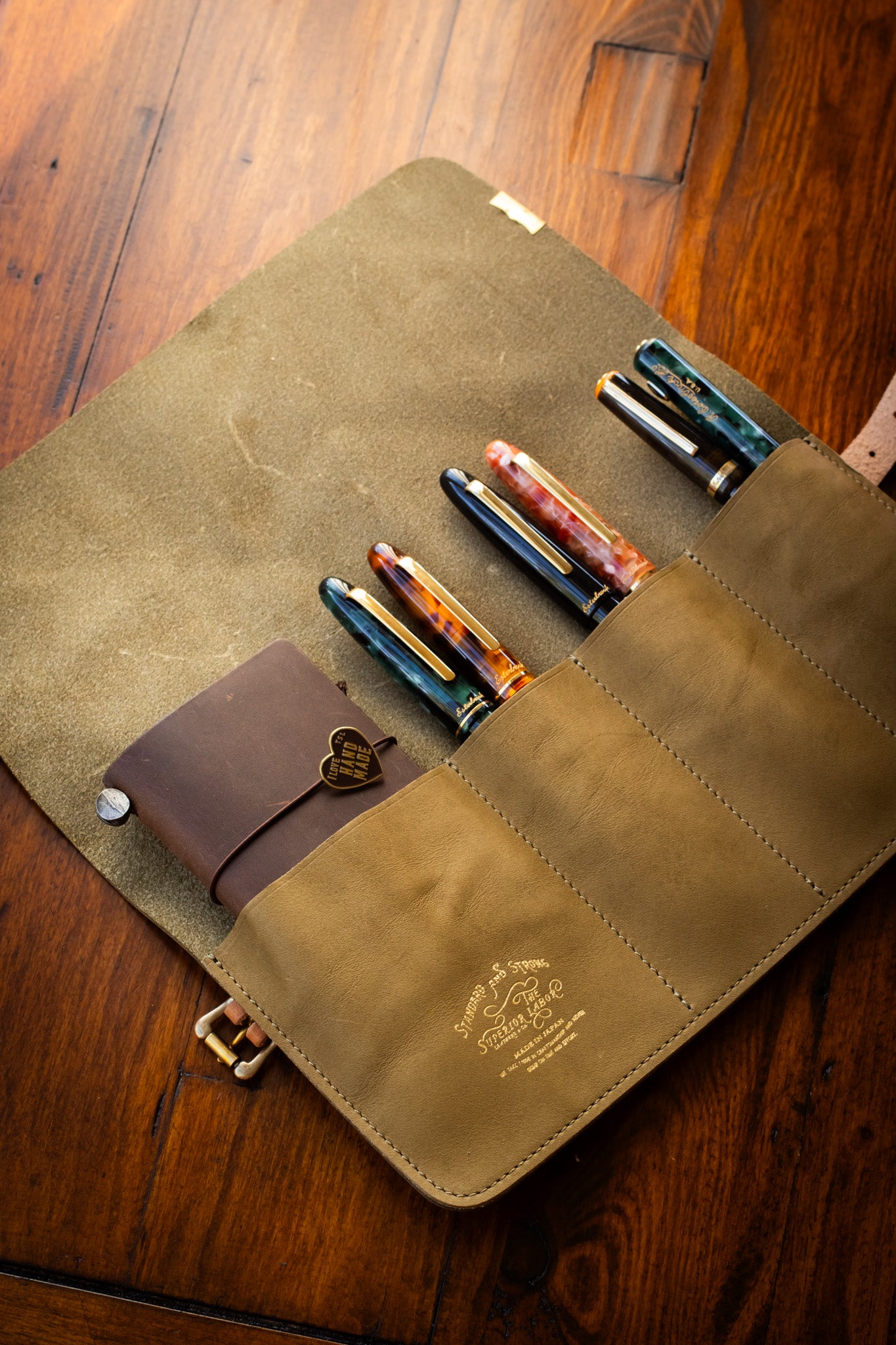 Leather Pen Roll - Olive