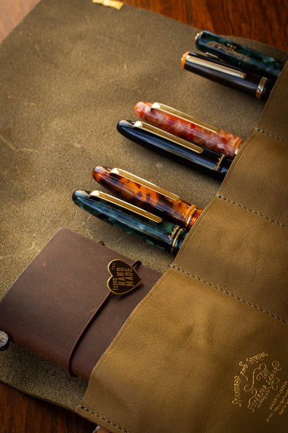 Leather Pen Roll - Olive