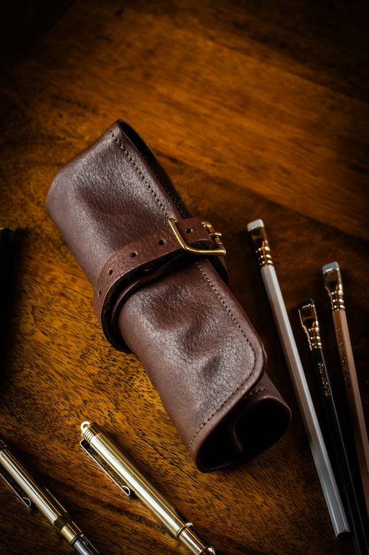 Leather Pen Roll - Dark Brown