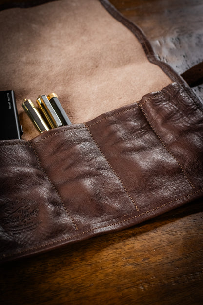 Leather Pen Roll - Dark Brown