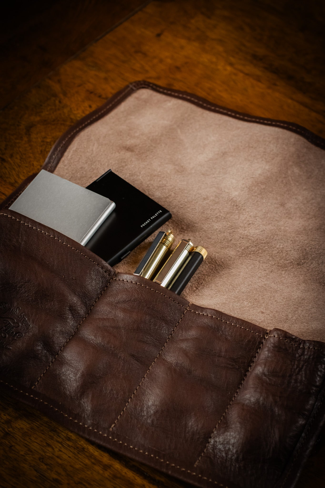 Leather Pen Roll - Dark Brown