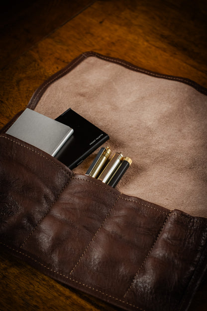 Leather Pen Roll - Dark Brown